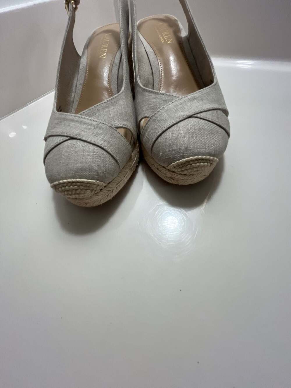 Lauren Ralph Lauren Beige Linen Slingback Wedge Espadrille Sandals